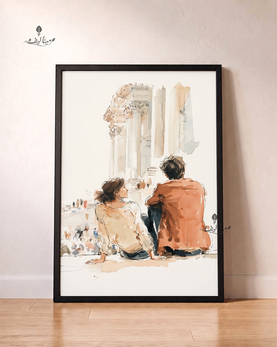 Couple Sitting Historic Columns City Watercolor Wall Art Canvas