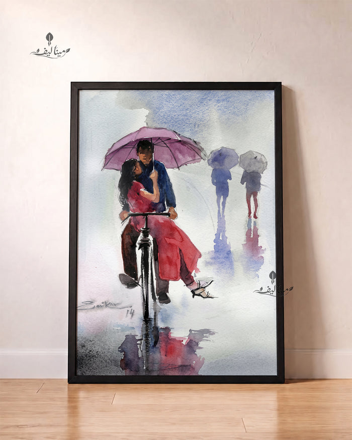 Rainy Day Couple Bicycle Umbrella Watercolor Wall Art Canvas