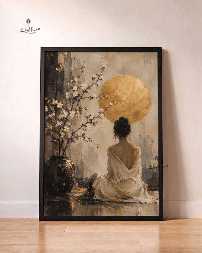 Woman Golden Moon Cherry Blossom Textured Wall Art Canvas