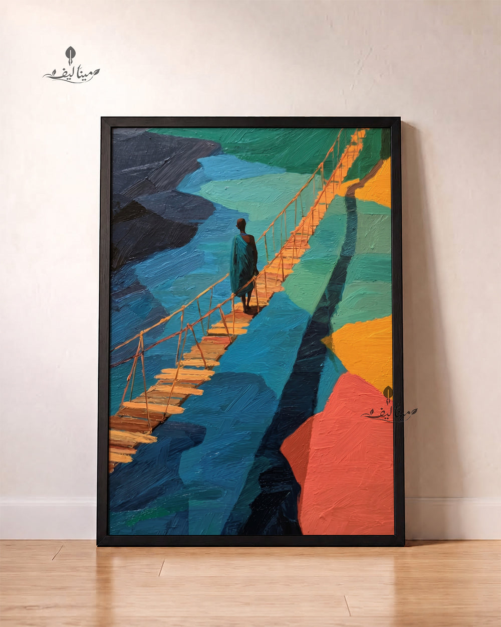 Figure Walking Golden Bridge Colorful Mountains Wall Art Canvas