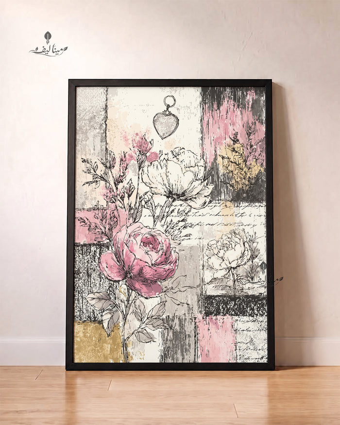 Vintage Rose Floral Sketch Collage Wall Art Canvas