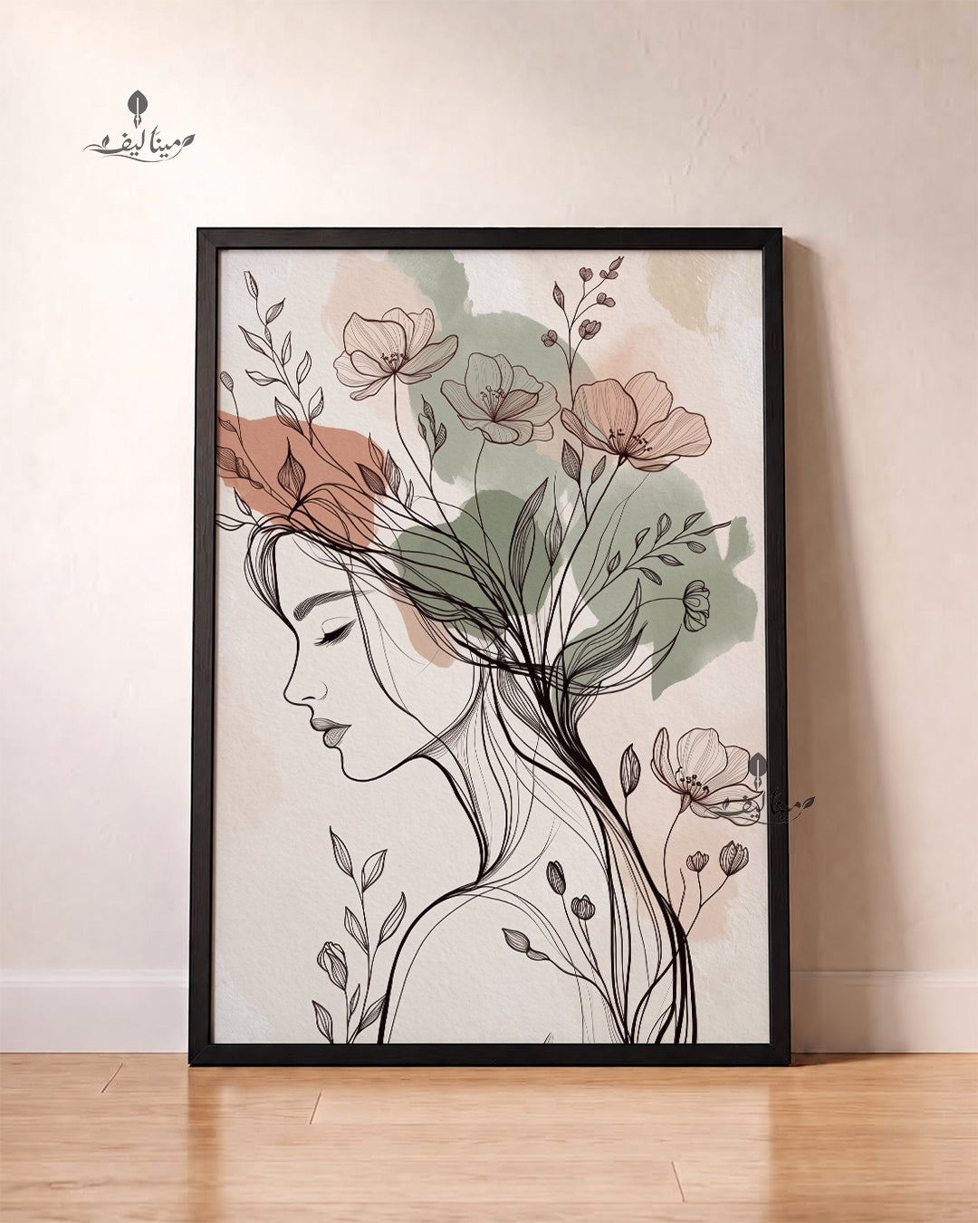 Woman Face Floral Hair Boho Line Art Wall Art Canvas