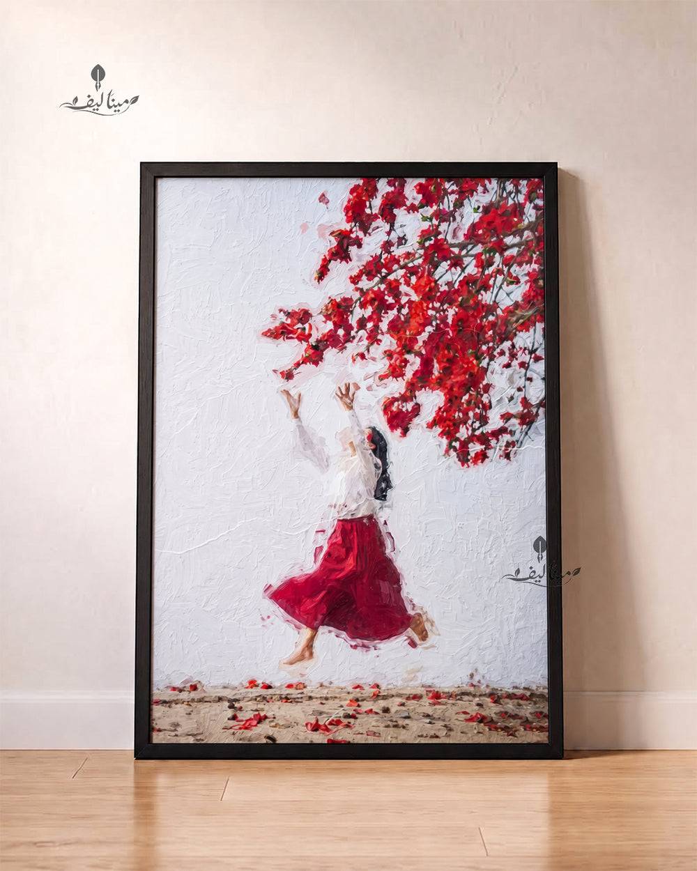 Woman Reaching Red Flower Branch Textured Oil Paint Wall Art Canvas