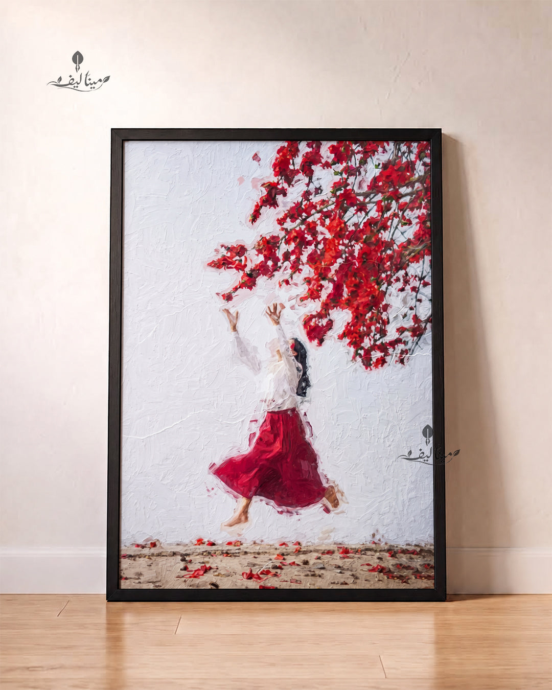 Woman Reaching Red Flower Branch Textured Oil Paint Wall Art Canvas