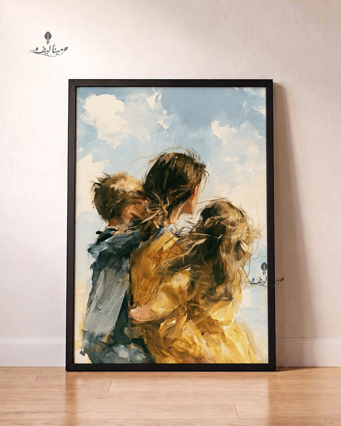 Mother Holding Two Children Golden Field Textured Oil Paint Wall Art Canvas