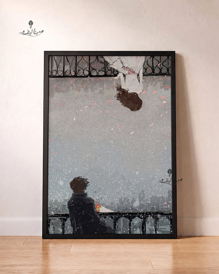 Mirrored Couple Balcony Snow City Illustration Wall Art Canvas