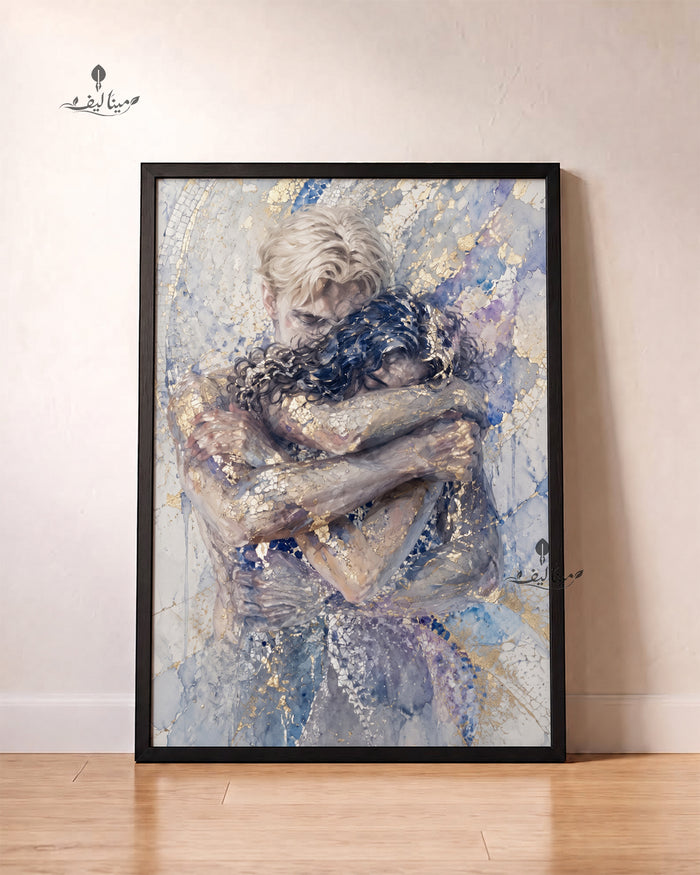 Couple Embrace Gold Leaf Mosaic Watercolor Wall Art Canvas