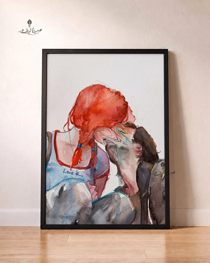 Love Is Couple Kiss Red Hair Watercolor Wall Art Canvas
