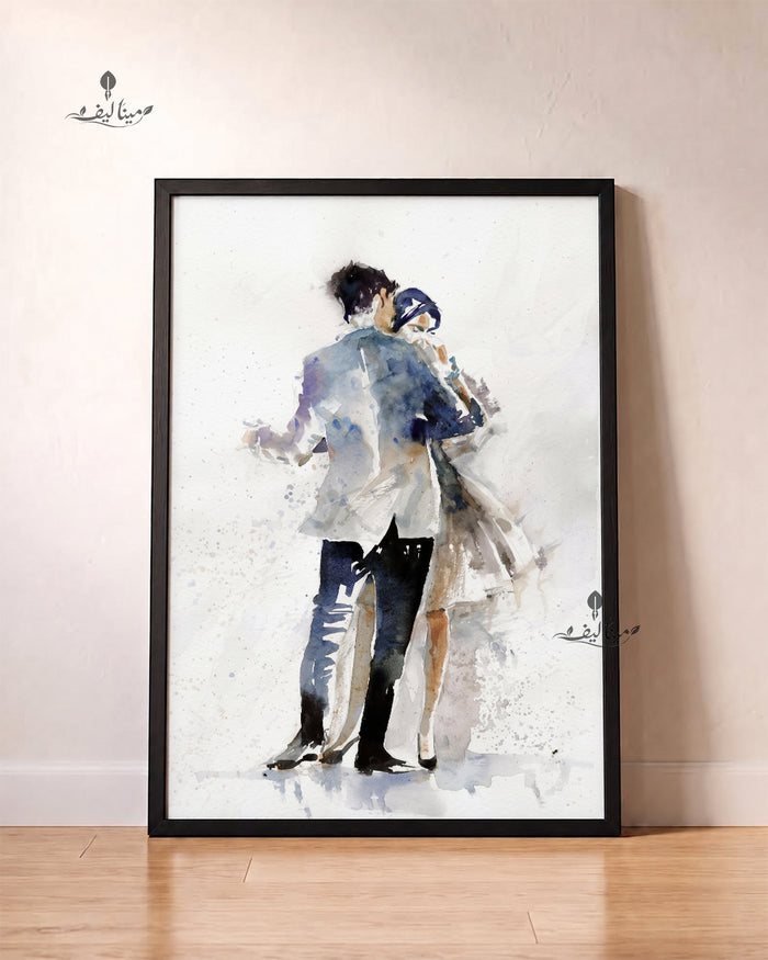 Dancing Couple Minimal Blue Watercolor Wall Art Canvas