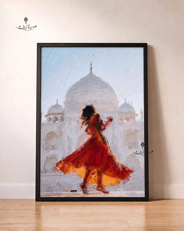 Woman Red Dress Dancing Taj Mahal Textured Oil Paint Wall Art Canvas