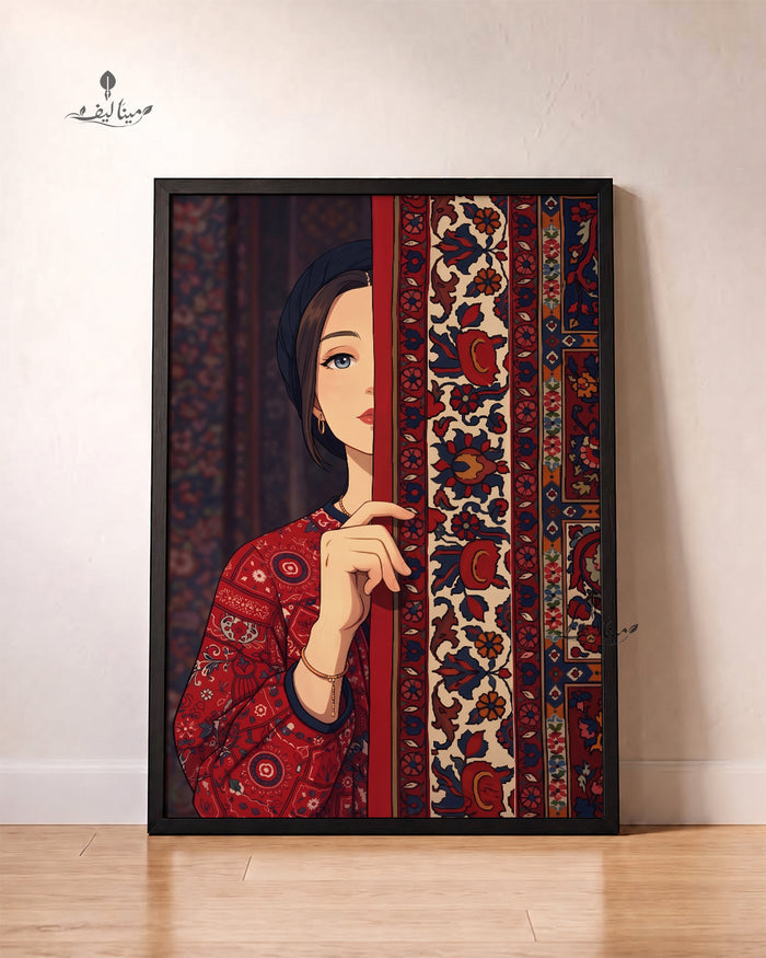 Woman Peeking Persian Rug Red Floral Pattern Illustration Wall Art Canvas