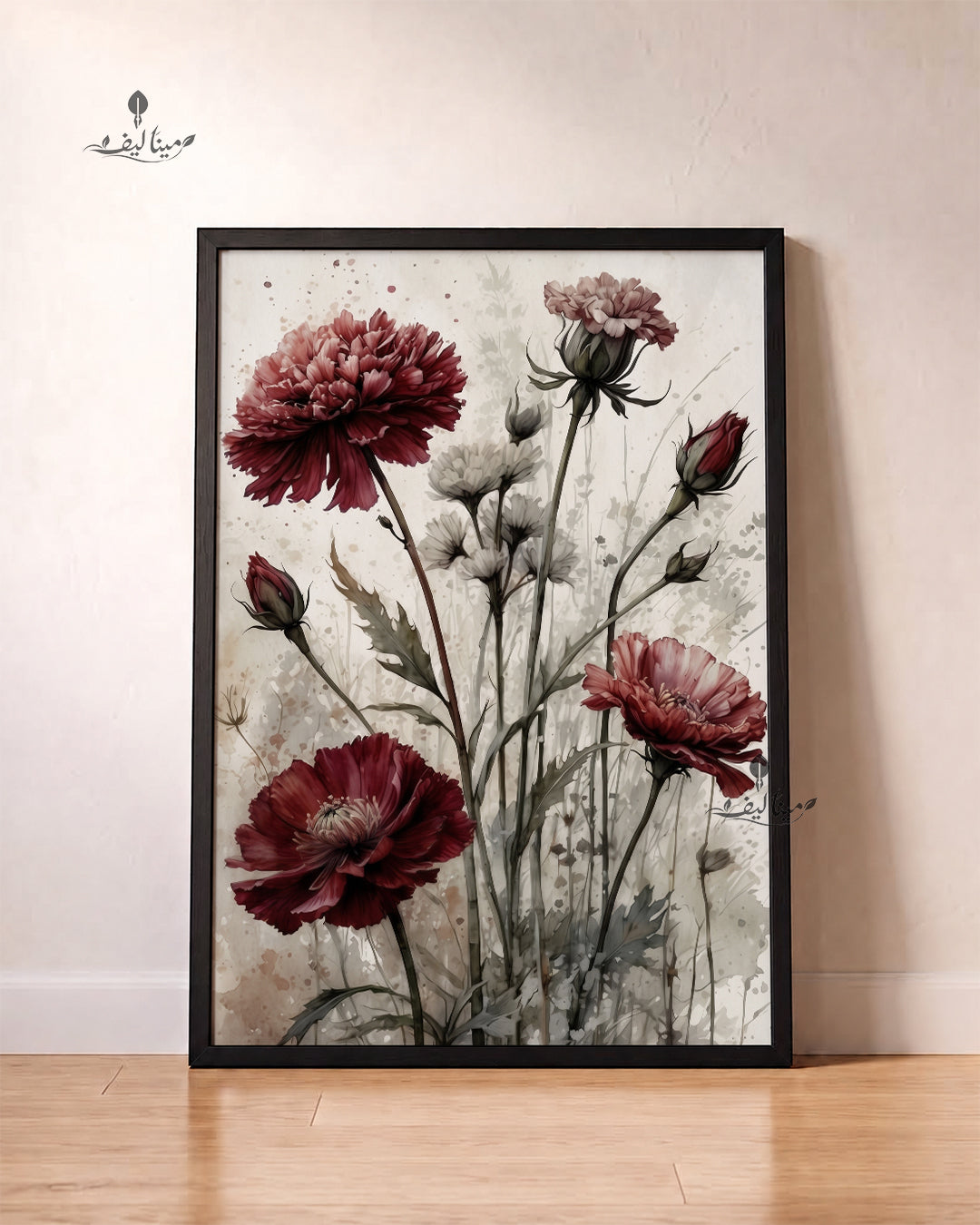 Dark Red Peony Wildflowers Vintage Watercolor Wall Art Canvas