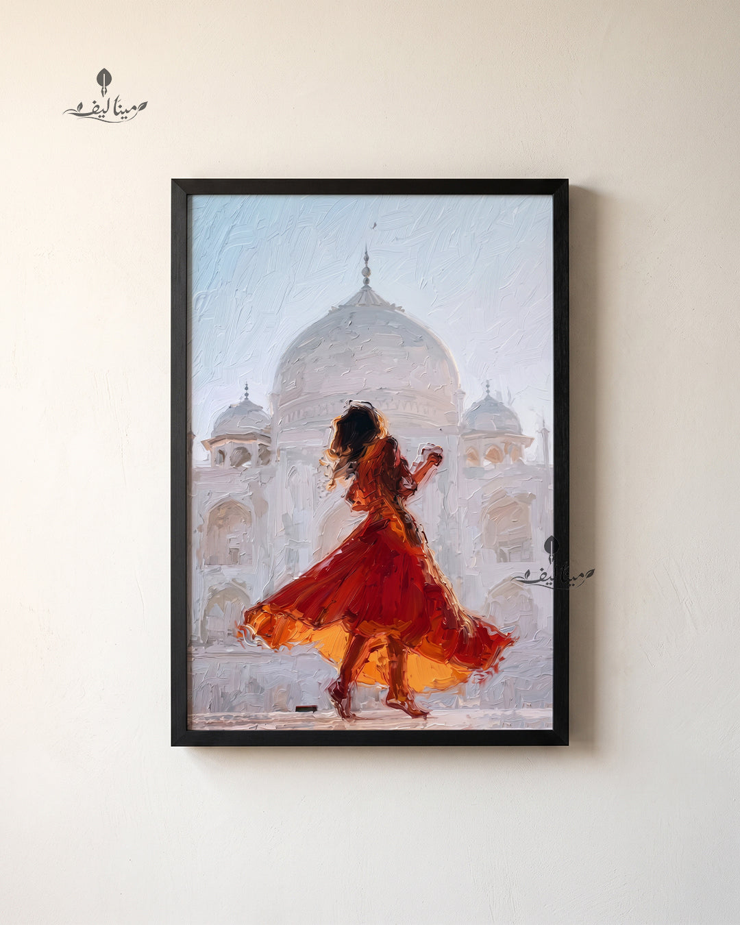 Woman Red Dress Dancing Taj Mahal Textured Oil Paint Wall Art Canvas