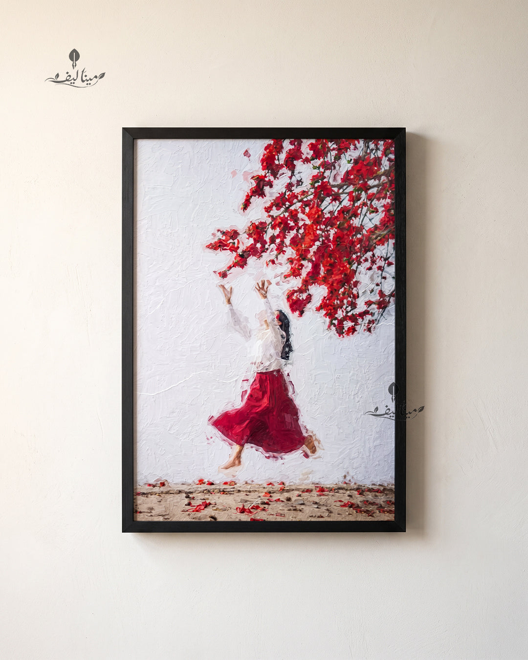 Woman Reaching Red Flower Branch Textured Oil Paint Wall Art Canvas
