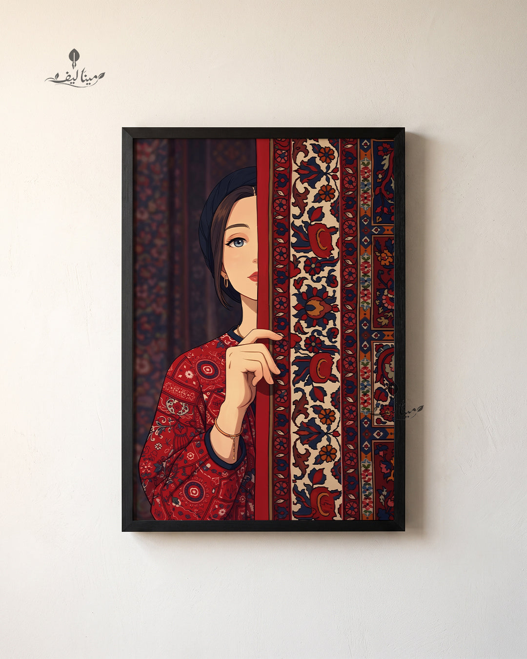 Woman Peeking Persian Rug Red Floral Pattern Illustration Wall Art Canvas