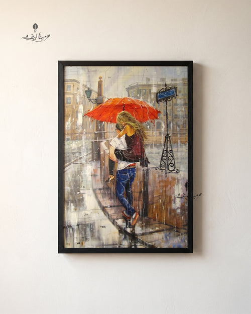 Couple Rain City Street Red Umbrella Oil Paint Wall Art Canvas