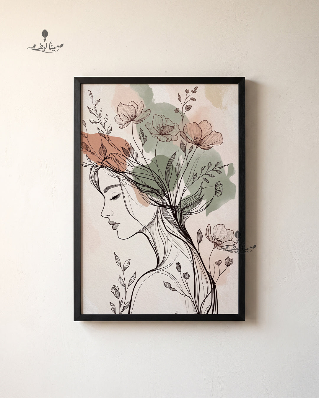 Woman Face Floral Hair Boho Line Art Wall Art Canvas