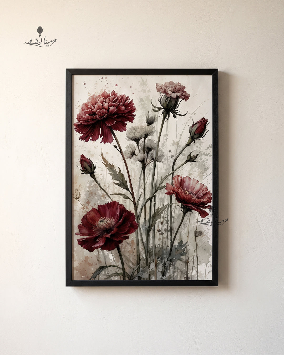 Dark Red Peony Wildflowers Vintage Watercolor Wall Art Canvas