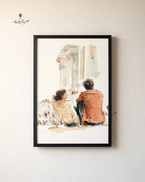 Couple Sitting Historic Columns City Watercolor Wall Art Canvas