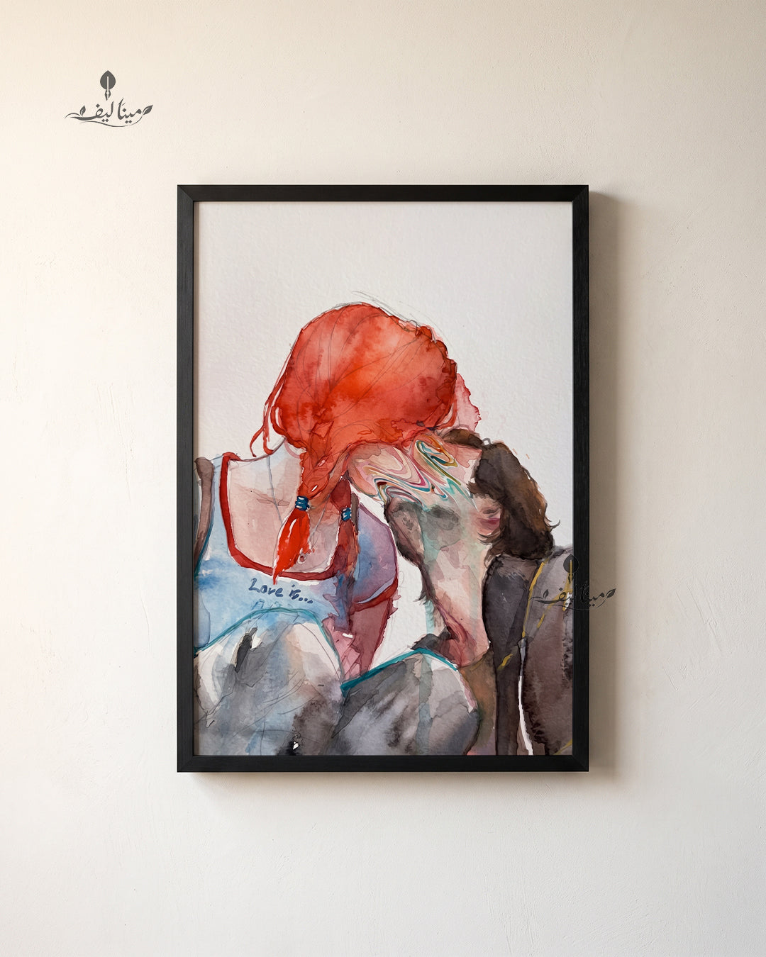 Love Is Couple Kiss Red Hair Watercolor Wall Art Canvas