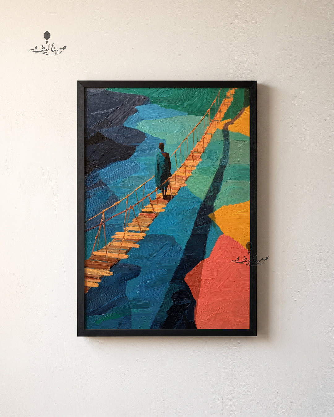 Figure Walking Golden Bridge Colorful Mountains Wall Art Canvas