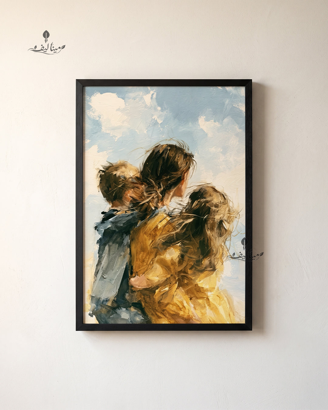Mother Holding Two Children Golden Field Textured Oil Paint Wall Art Canvas