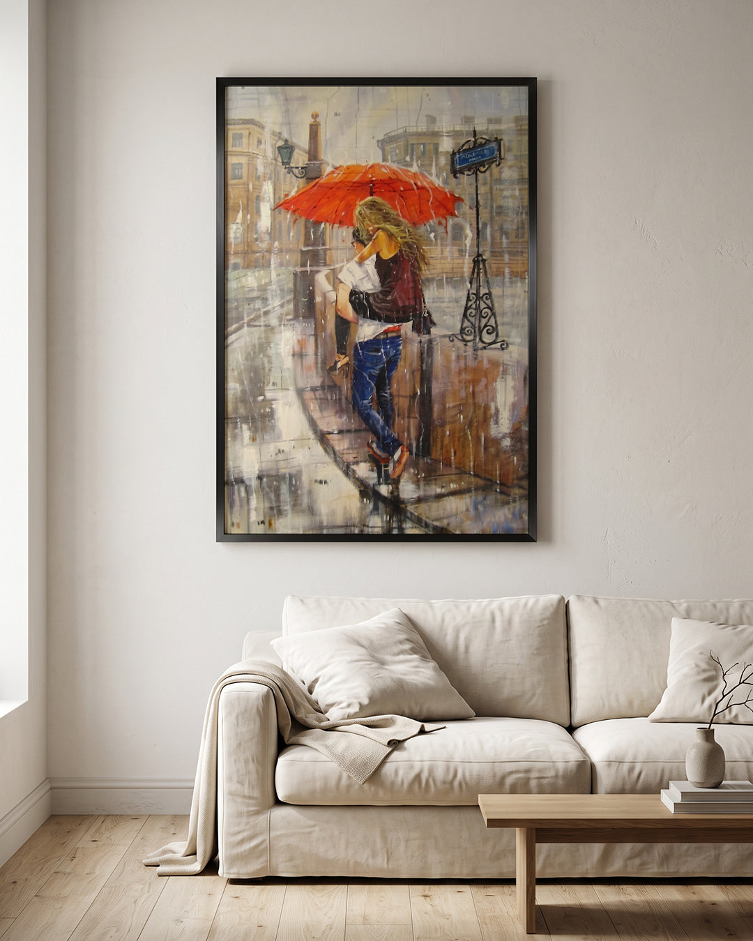 Couple Rain City Street Red Umbrella Oil Paint Wall Art Canvas