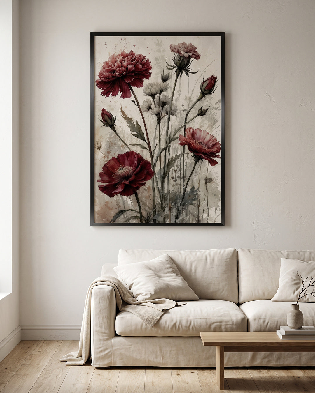 Dark Red Peony Wildflowers Vintage Watercolor Wall Art Canvas