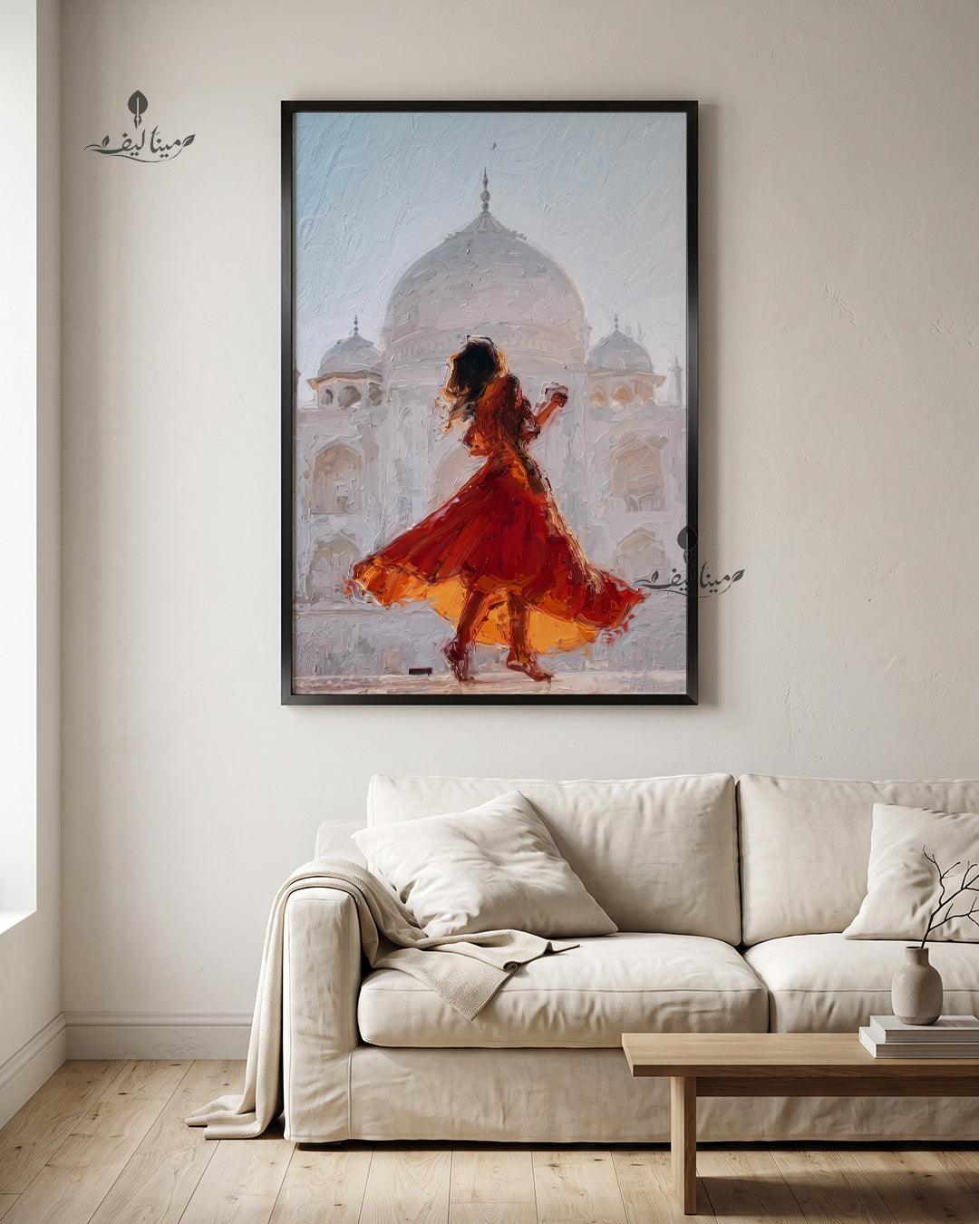 Woman Red Dress Dancing Taj Mahal Textured Oil Paint Wall Art Canvas