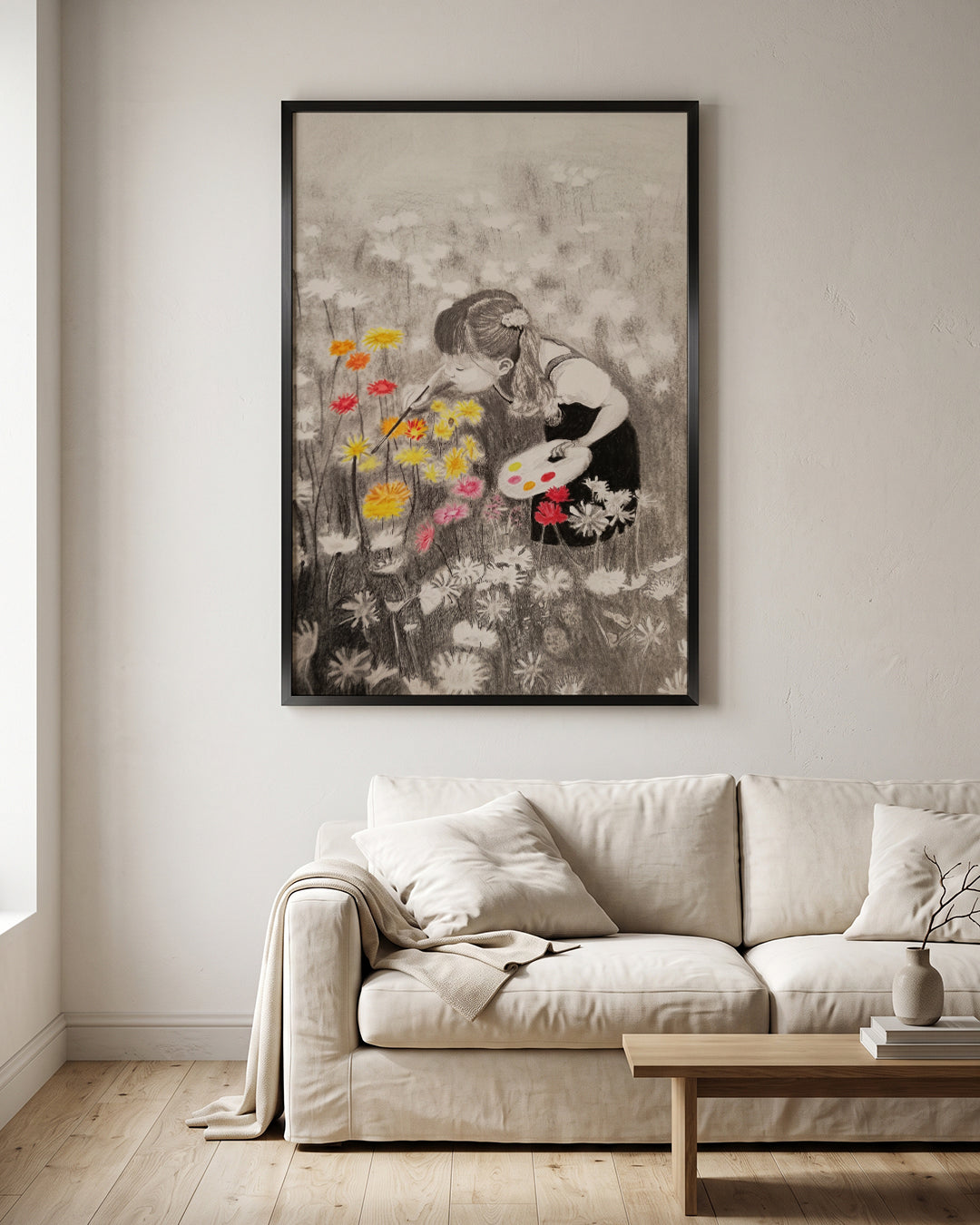 Girl Painting Flowers Pencil Sketch Color Wall Art Canvas