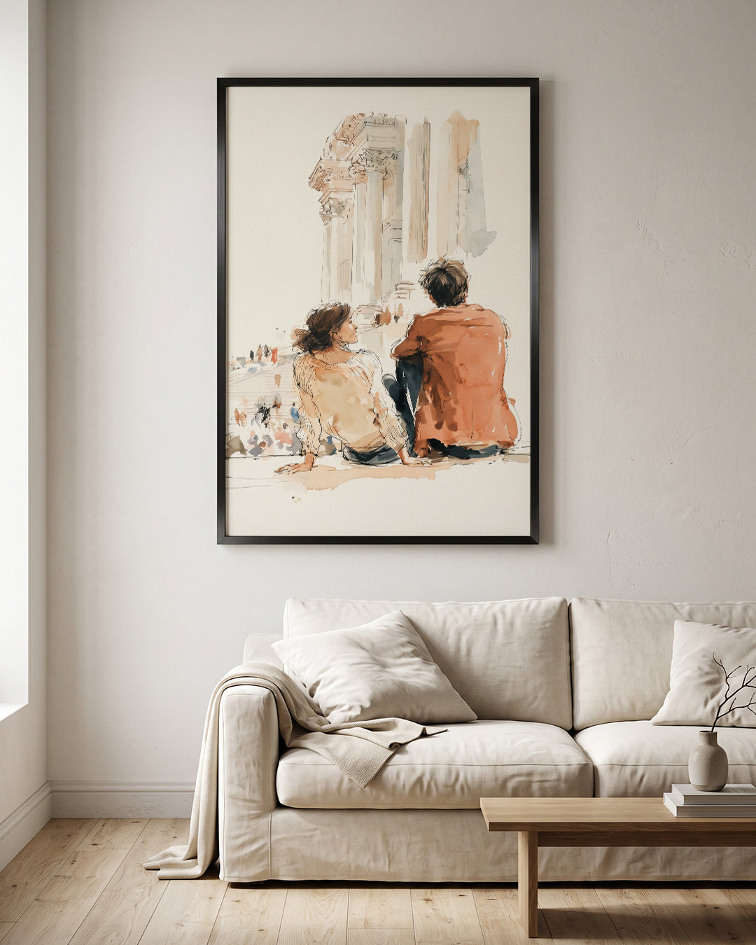 Couple Sitting Historic Columns City Watercolor Wall Art Canvas