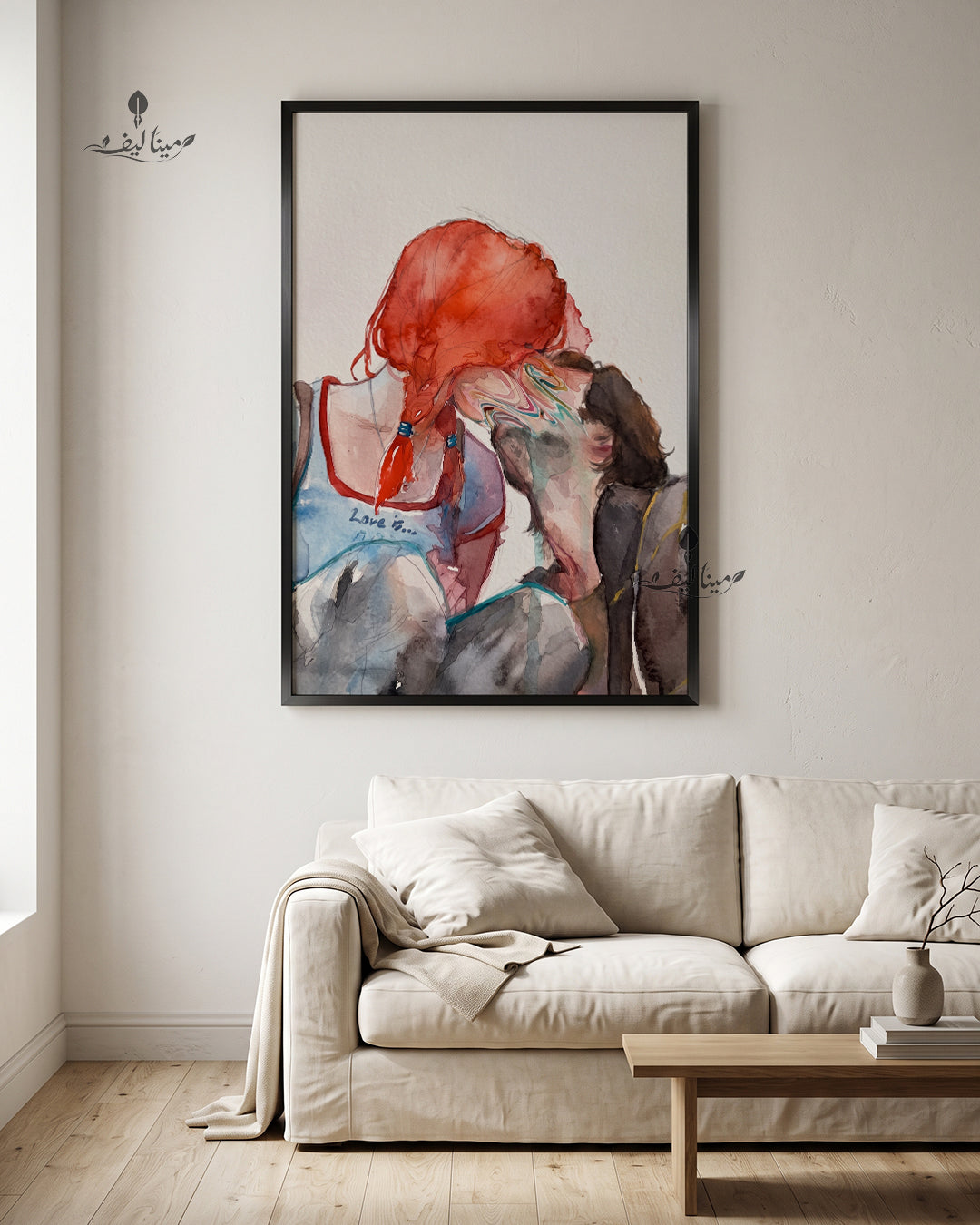 Love Is Couple Kiss Red Hair Watercolor Wall Art Canvas