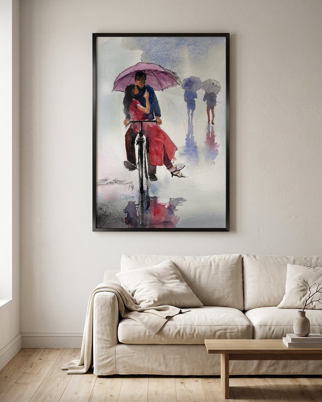 Rainy Day Couple Bicycle Umbrella Watercolor Wall Art Canvas