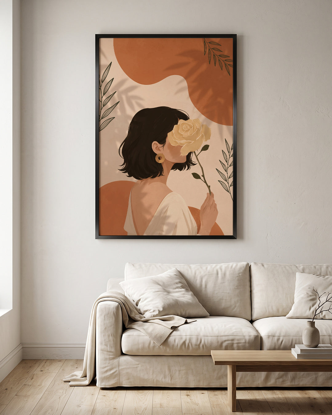 Woman Holding Rose Boho Terracotta Illustration Wall Art Canvas