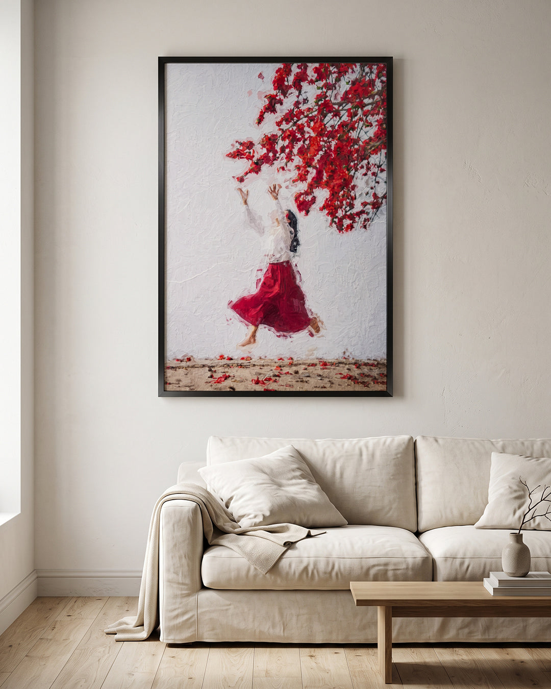 Woman Reaching Red Flower Branch Textured Oil Paint Wall Art Canvas