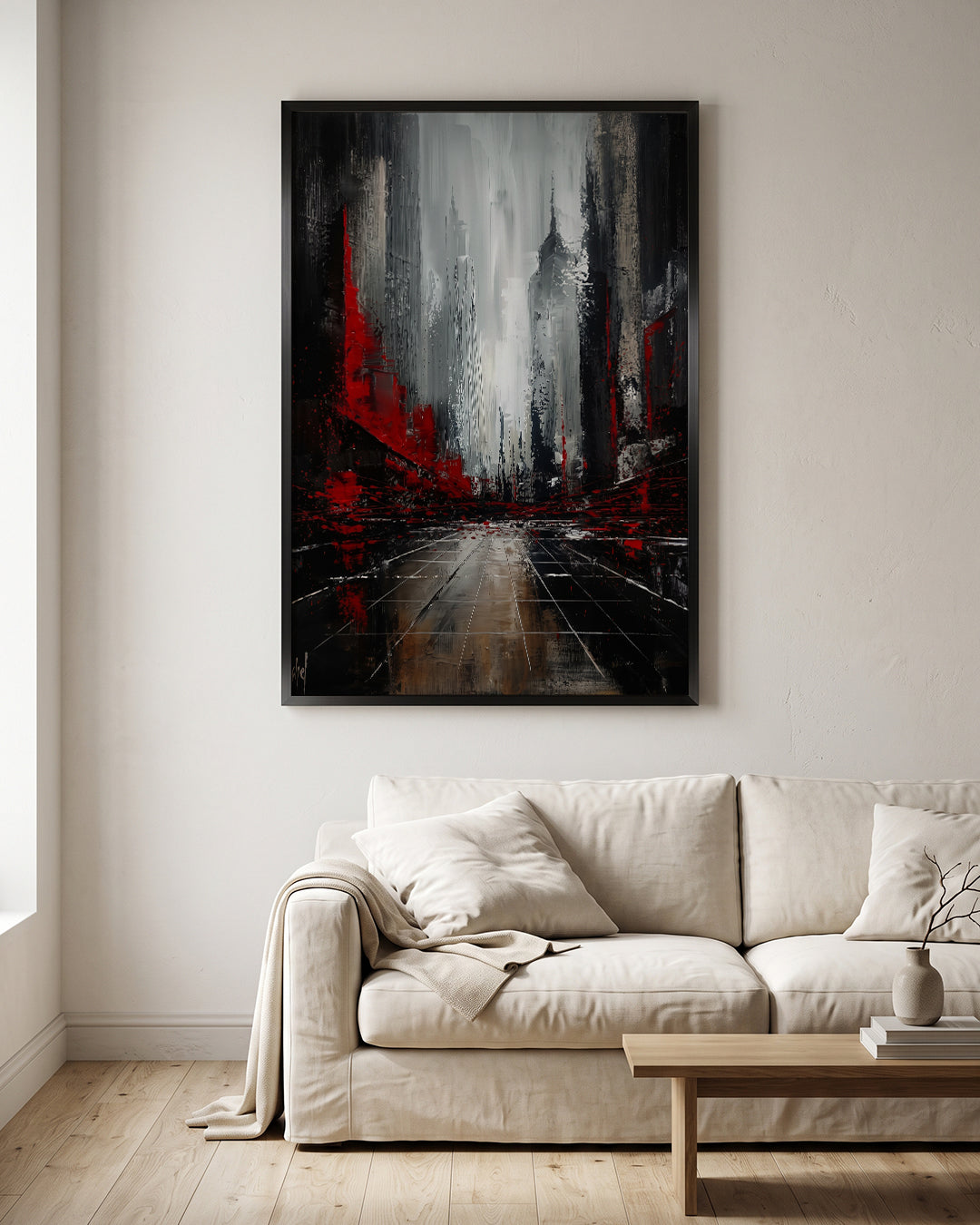 Red Black City Street Moody Abstract Wall Art Canvas
