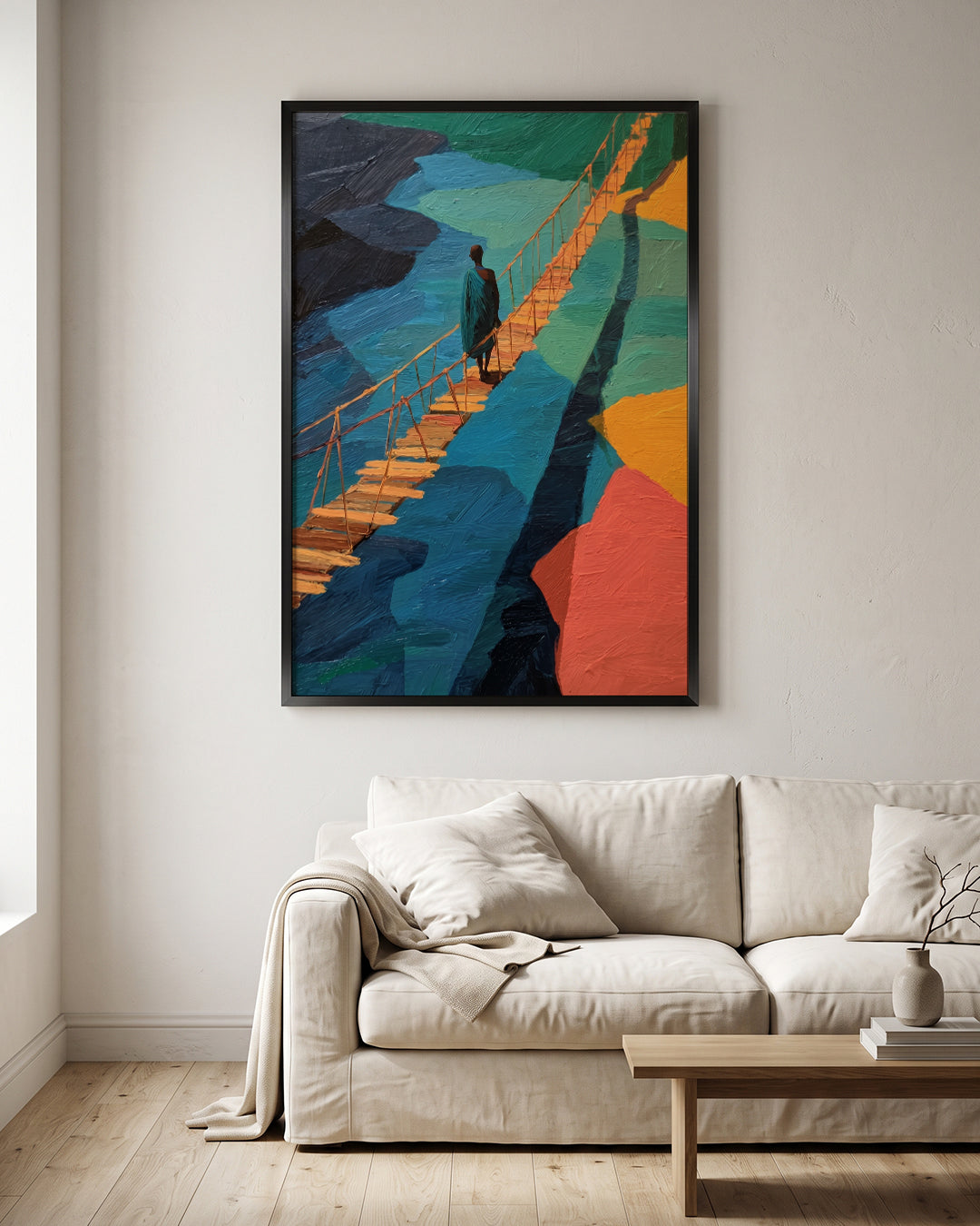 Figure Walking Golden Bridge Colorful Mountains Wall Art Canvas