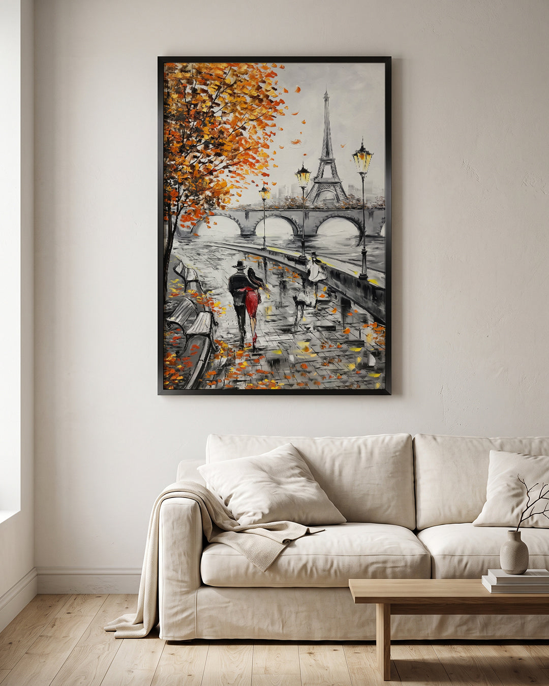 Paris Autumn Couple Walk Eiffel Tower Textured Oil Paint Wall Art Canvas