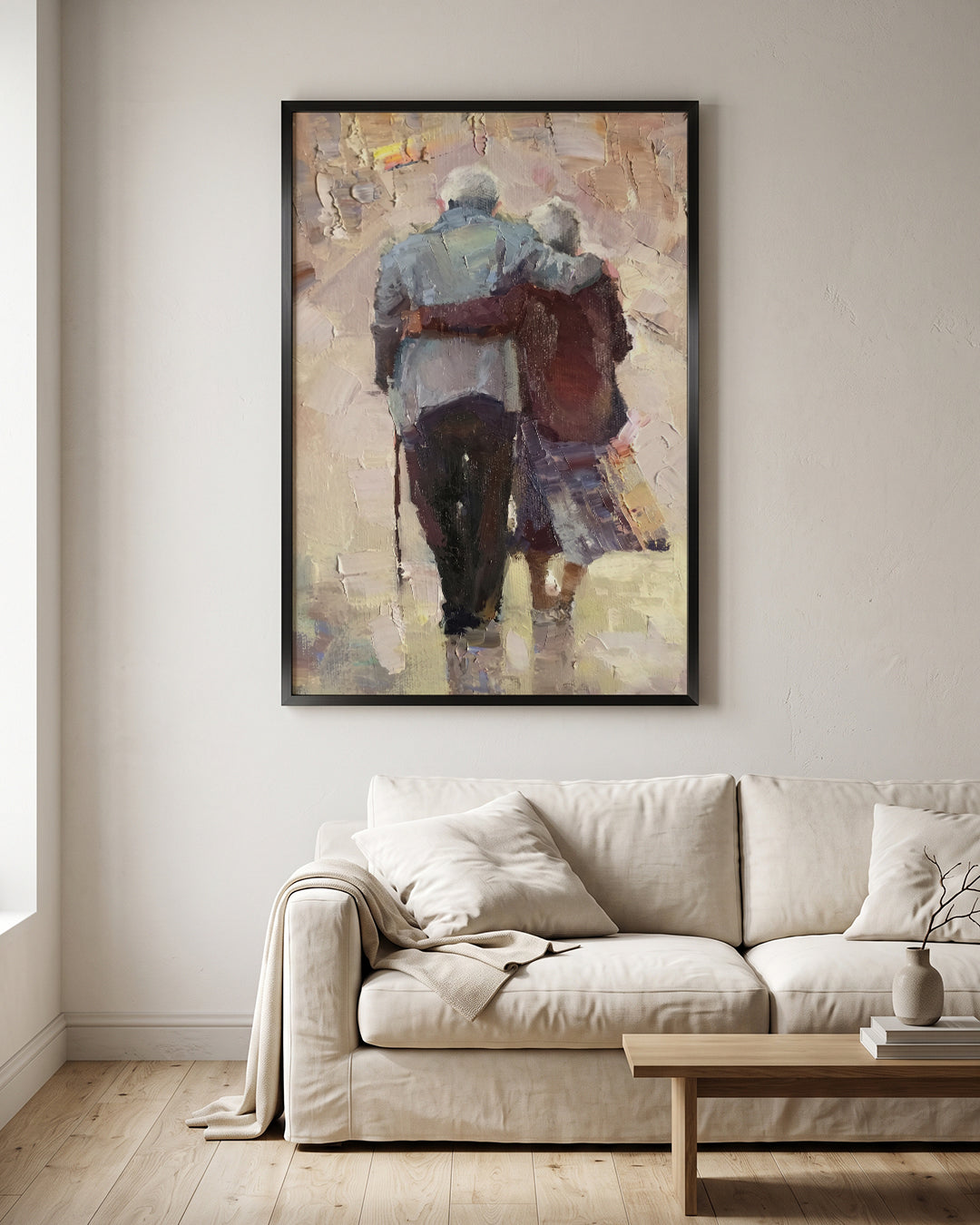 Elderly Couple Walking Together Textured Oil Paint Wall Art Canvas