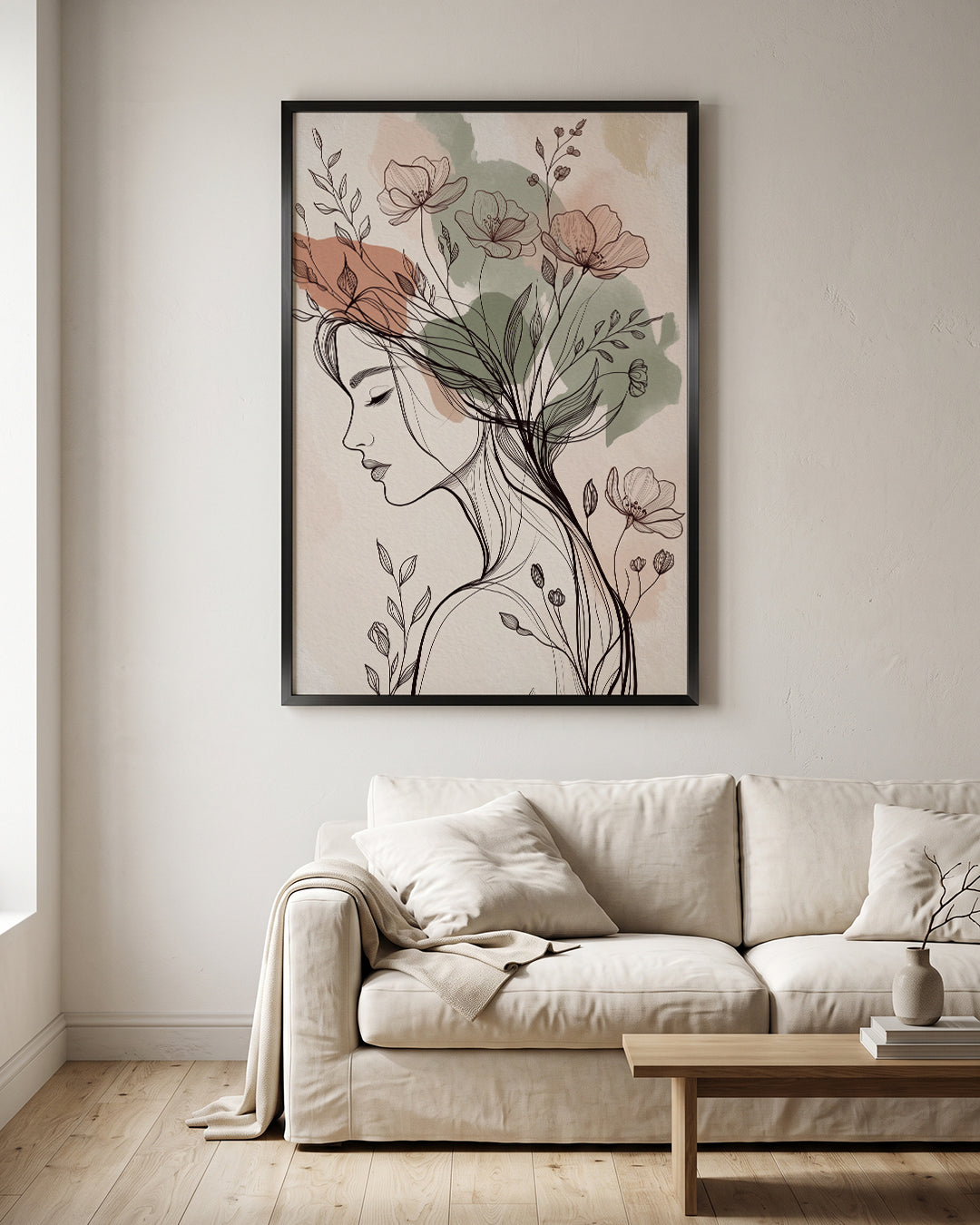 Woman Face Floral Hair Boho Line Art Wall Art Canvas