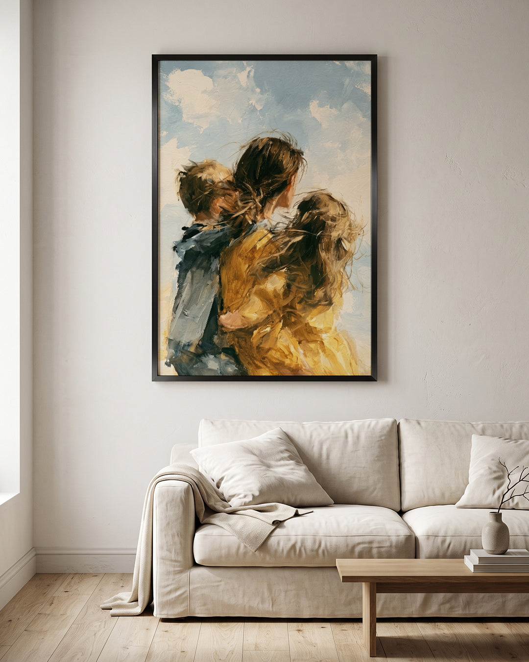 Mother Holding Two Children Golden Field Textured Oil Paint Wall Art Canvas