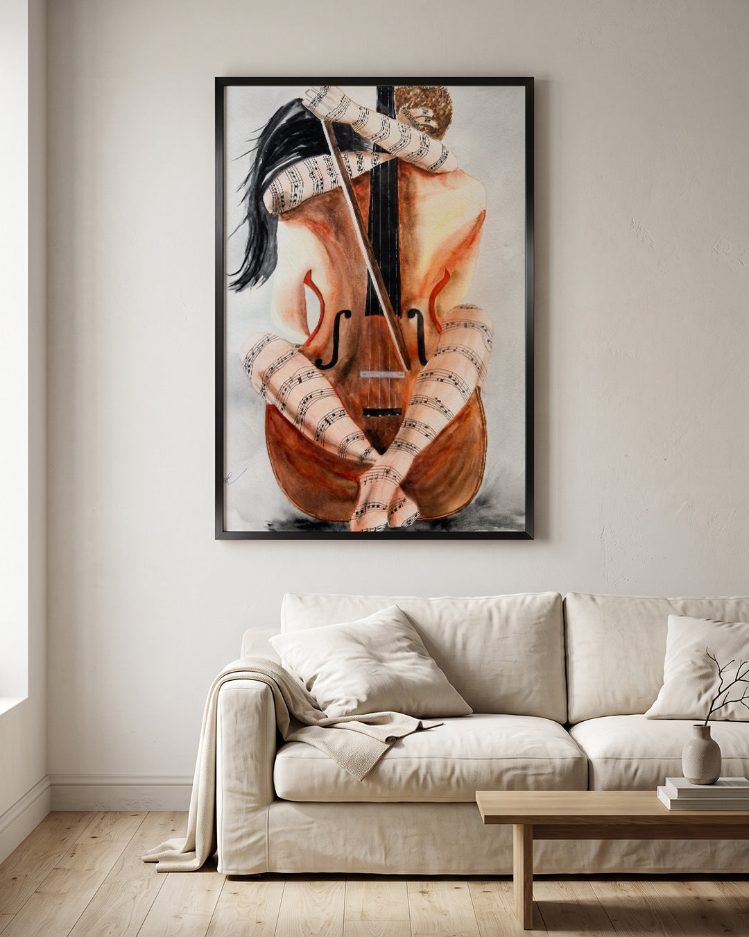 Woman Violin Musical Notes Surreal Watercolor Wall Art Canvas