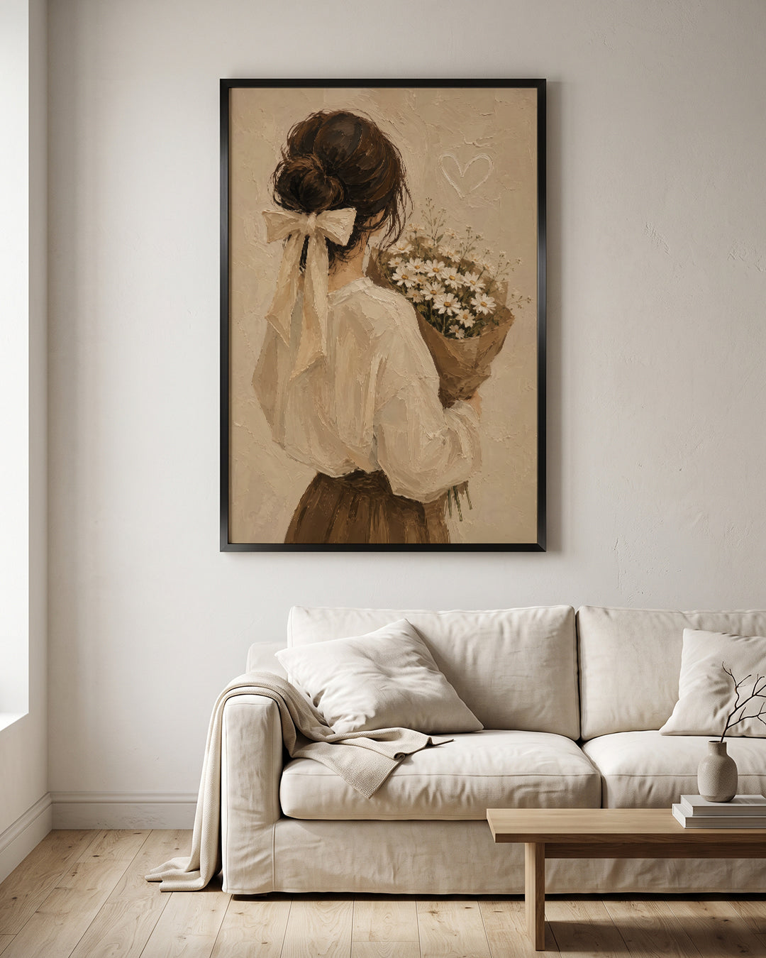 Woman With Daisy Bouquet Bow Hair Textured Oil Paint Wall Art Canvas