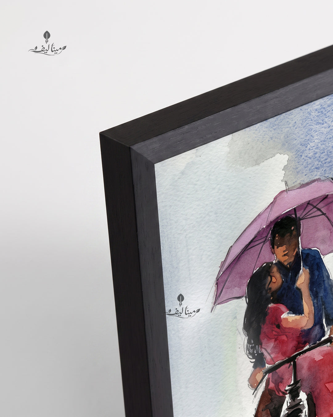 Rainy Day Couple Bicycle Umbrella Watercolor Wall Art Canvas