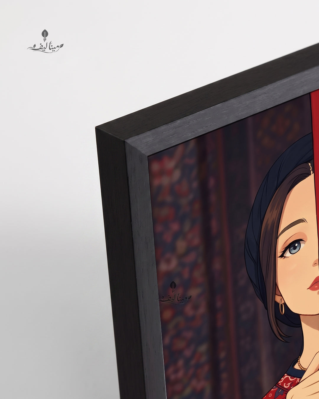 Woman Peeking Persian Rug Red Floral Pattern Illustration Wall Art Canvas
