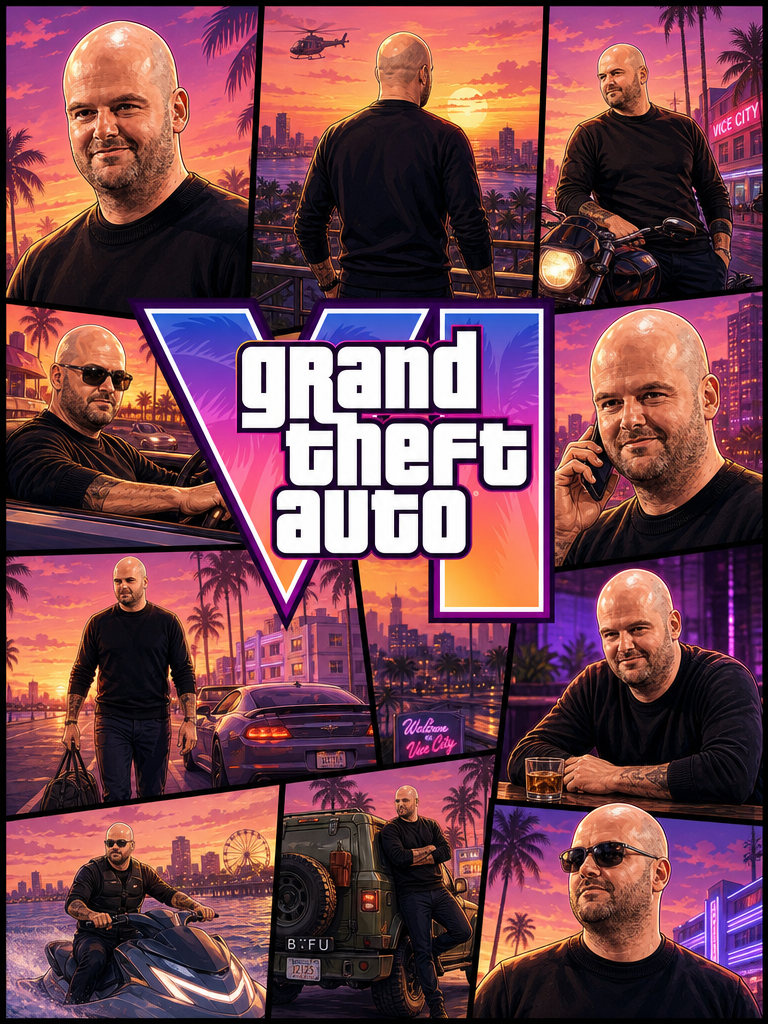 Custom GTA Collage, Personalized Gamer Cover Art, Turn Me Into Game Character, Vice City Style Poster