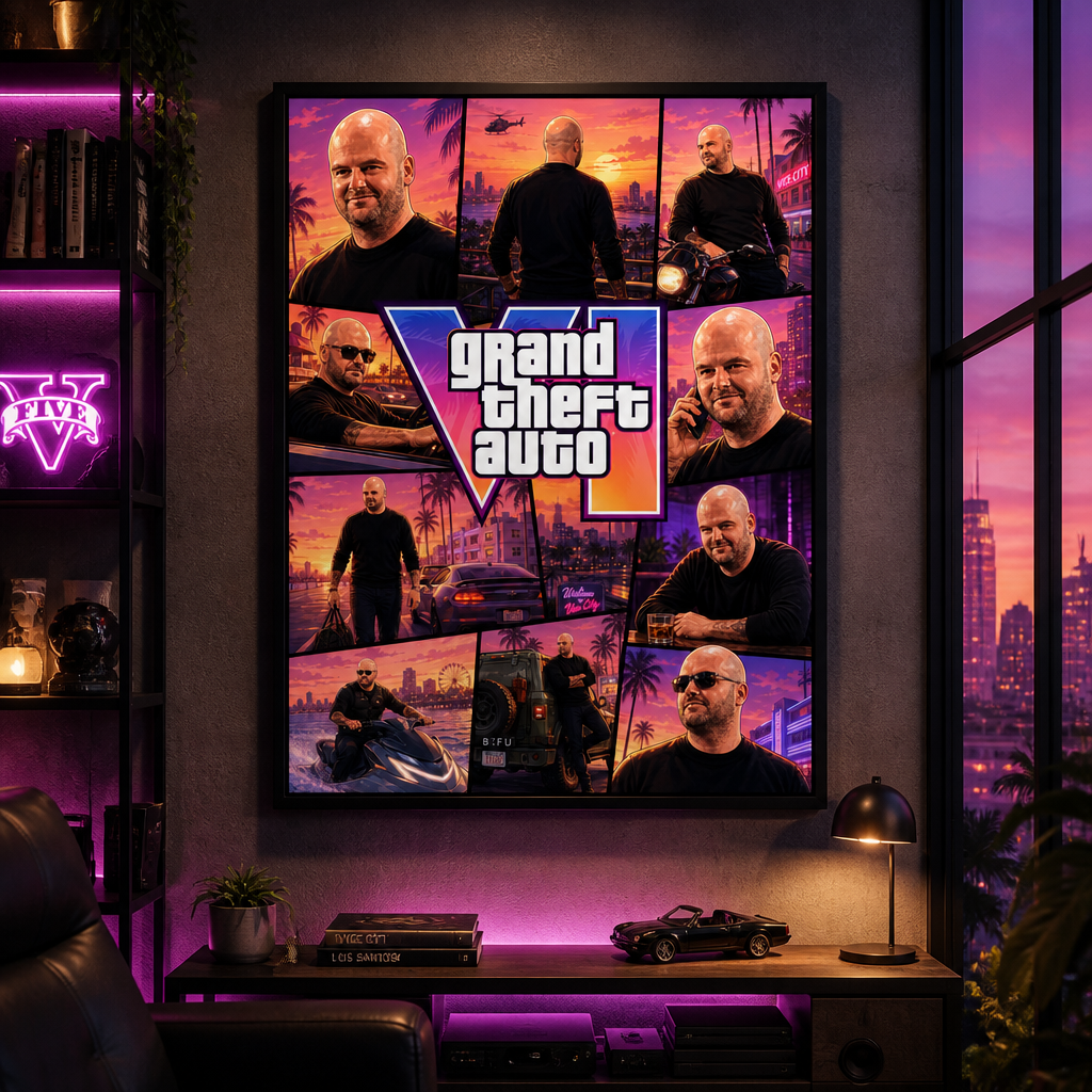 Custom GTA Collage, Personalized Gamer Cover Art, Turn Me Into Game Character, Vice City Style Poster