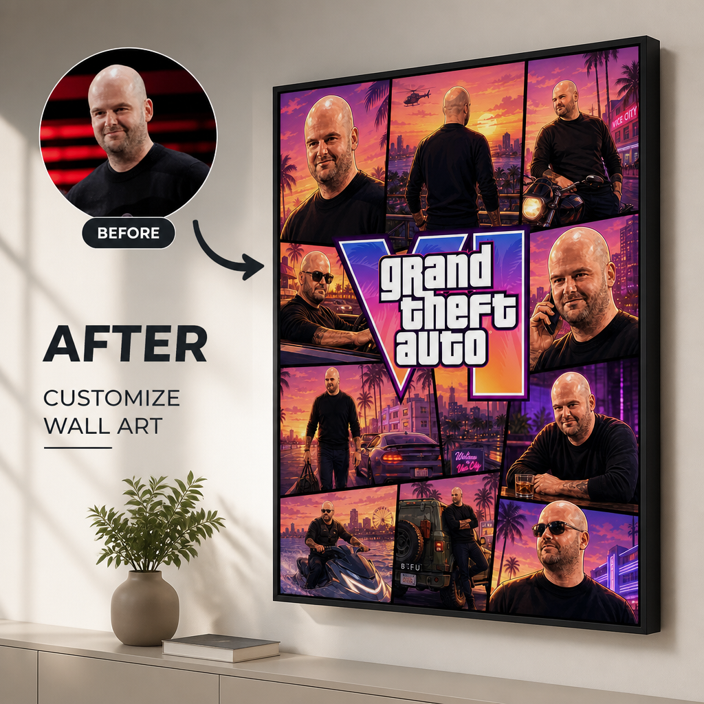 Custom GTA Collage, Personalized Gamer Cover Art, Turn Me Into Game Character, Vice City Style Poster