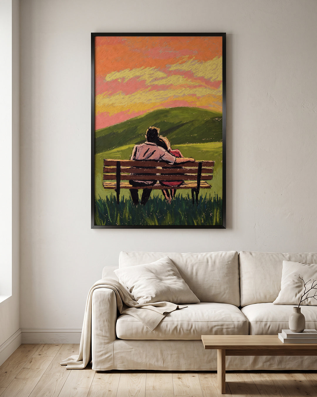 Couple On Bench Sunset Hills Oil Pastel Style Wall Art Canvas