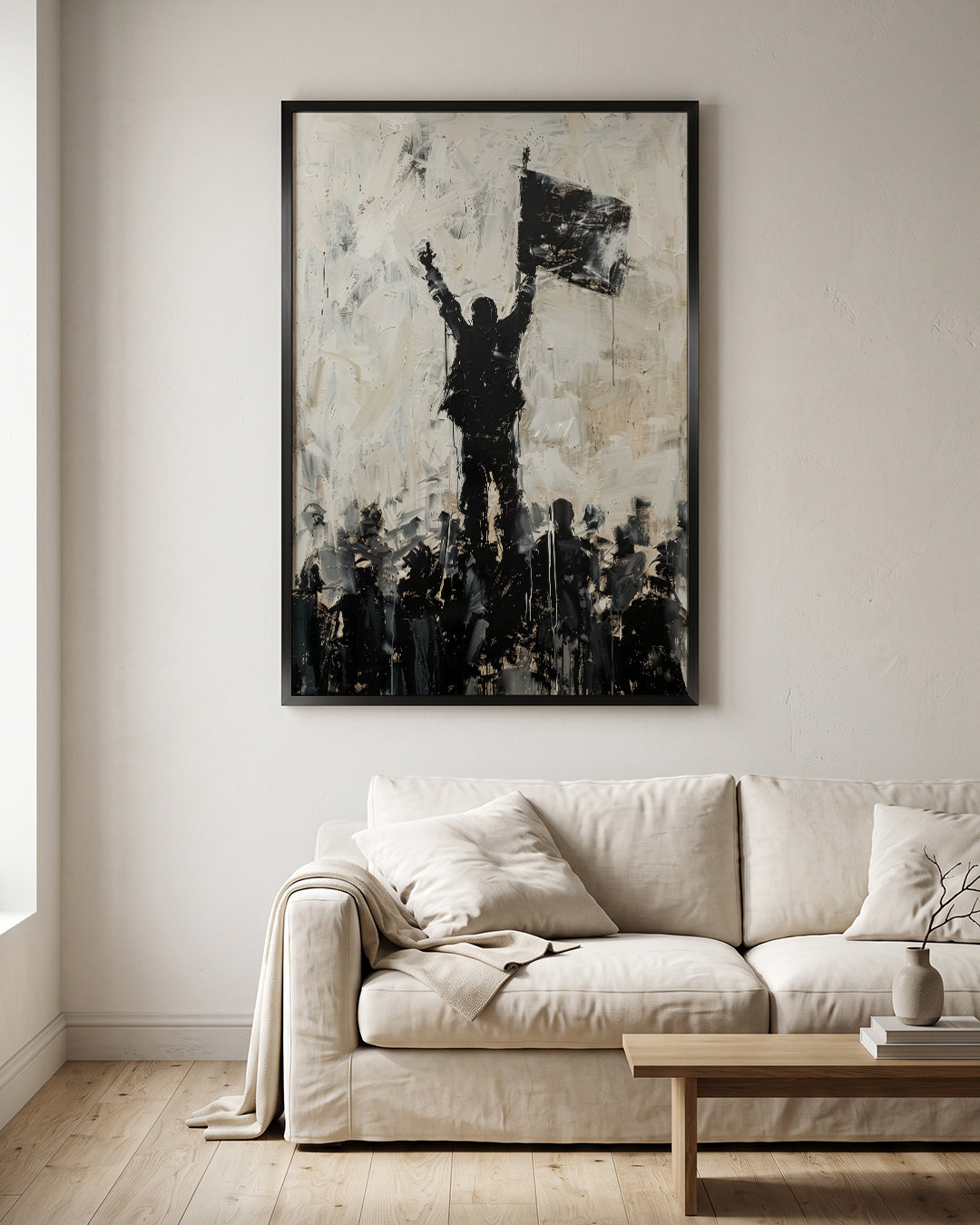 Protester Raising Sign Crowd Black White Abstract Wall Art Canvas